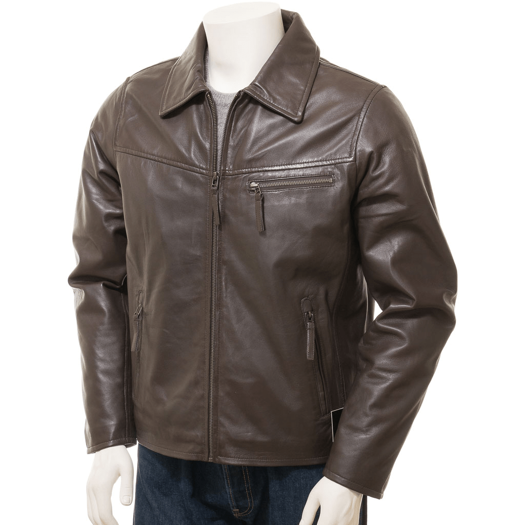 MEN'S BROWN LEATHER BIKER JACKET: BETHEL-1