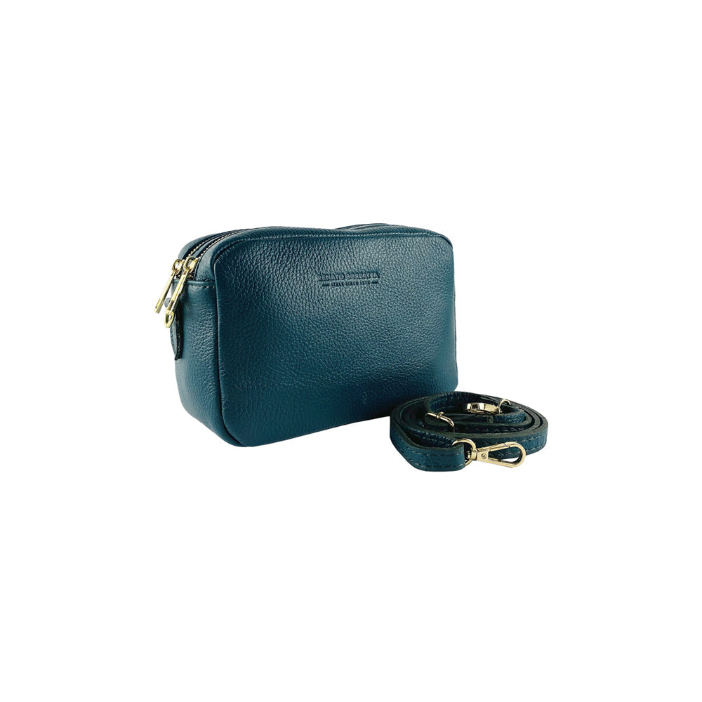RB1008E | Women's Double Zip Crossbody Bag in Genuine Leather Made in Italy. Removable shoulder strap. Polished Gold Metal Snap Hook Attachments - Green Color - Dimensions: 20 x 15 x 9 cm-2