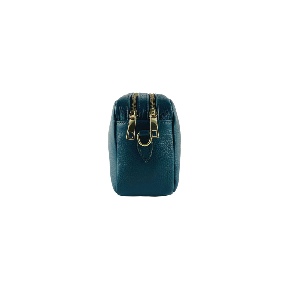 RB1008E | Women's Double Zip Crossbody Bag in Genuine Leather Made in Italy. Removable shoulder strap. Polished Gold Metal Snap Hook Attachments - Green Color - Dimensions: 20 x 15 x 9 cm-3
