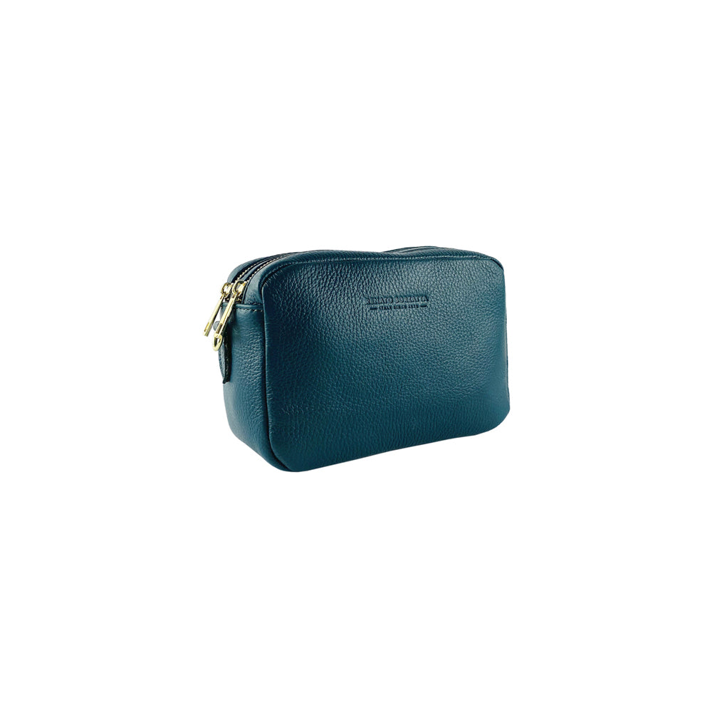 RB1008E | Women's Double Zip Crossbody Bag in Genuine Leather Made in Italy. Removable shoulder strap. Polished Gold Metal Snap Hook Attachments - Green Color - Dimensions: 20 x 15 x 9 cm-4