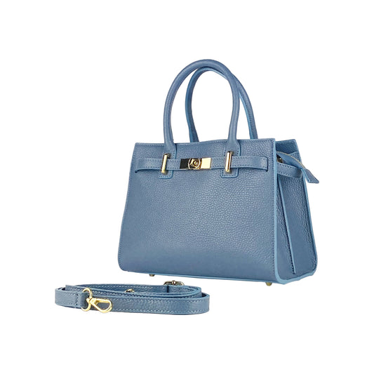 RB1016P | Women's Genuine Leather Handbag Made in Italy with Removable Shoulder Strap. Attachments with Shiny Gold Metal Snap Hooks - Color: Air Force Blue - Dimensions: 28 x 20 x 14 + 12.5 cm-0