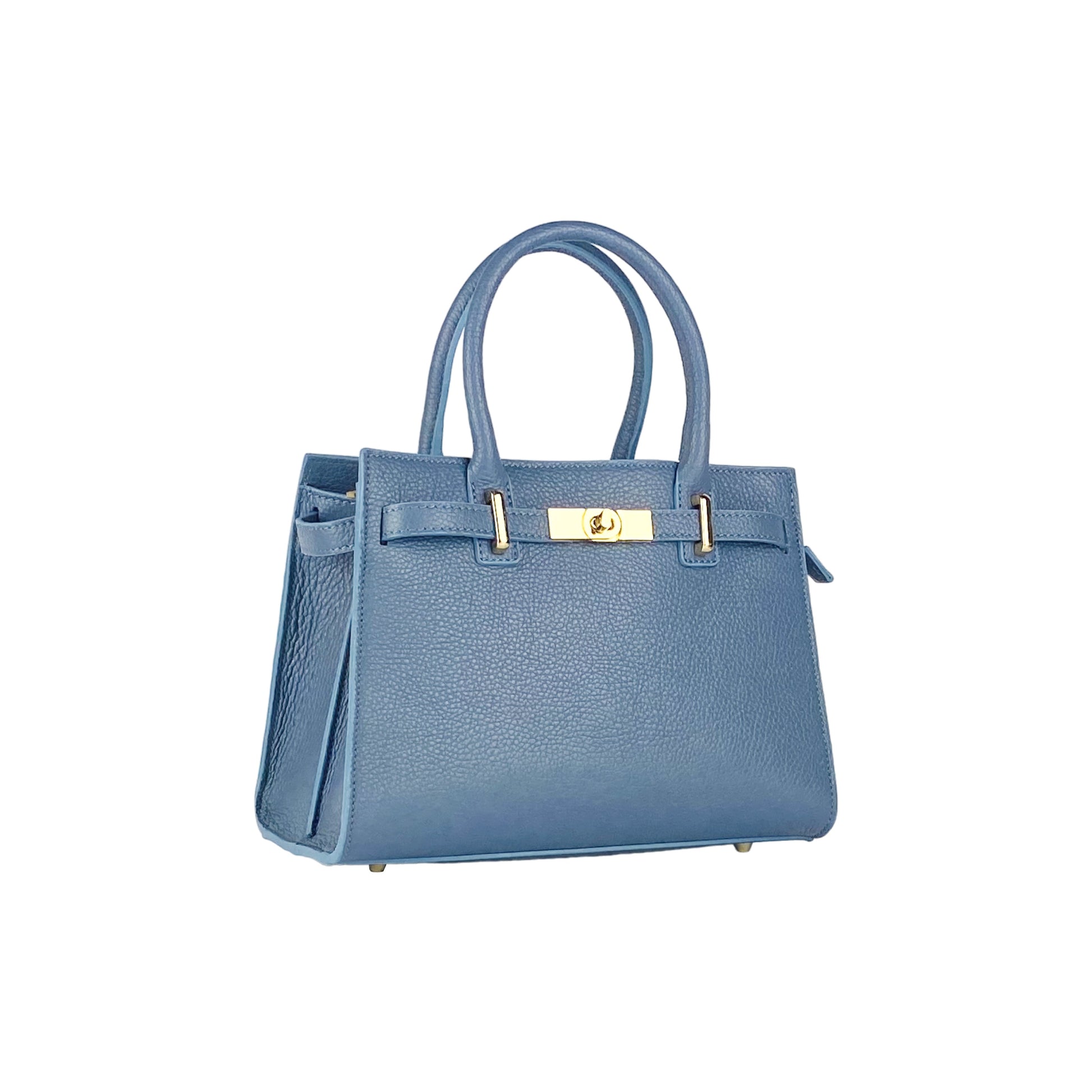 RB1016P | Women's Genuine Leather Handbag Made in Italy with Removable Shoulder Strap. Attachments with Shiny Gold Metal Snap Hooks - Color: Air Force Blue - Dimensions: 28 x 20 x 14 + 12.5 cm-1