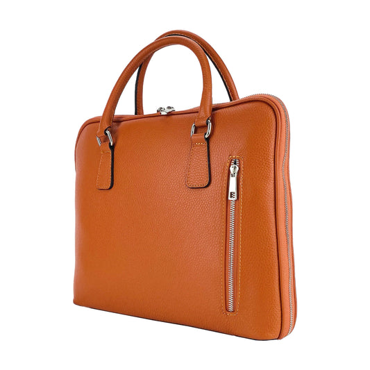 RB1019L | Unisex Business Briefcase in Genuine Leather Made in Italy with Removable Shoulder Strap. Polished Nickel Metal Snap Hook Attachments. Orange Color. Dimensions: 37 x 29 x 6.5 cm.-0