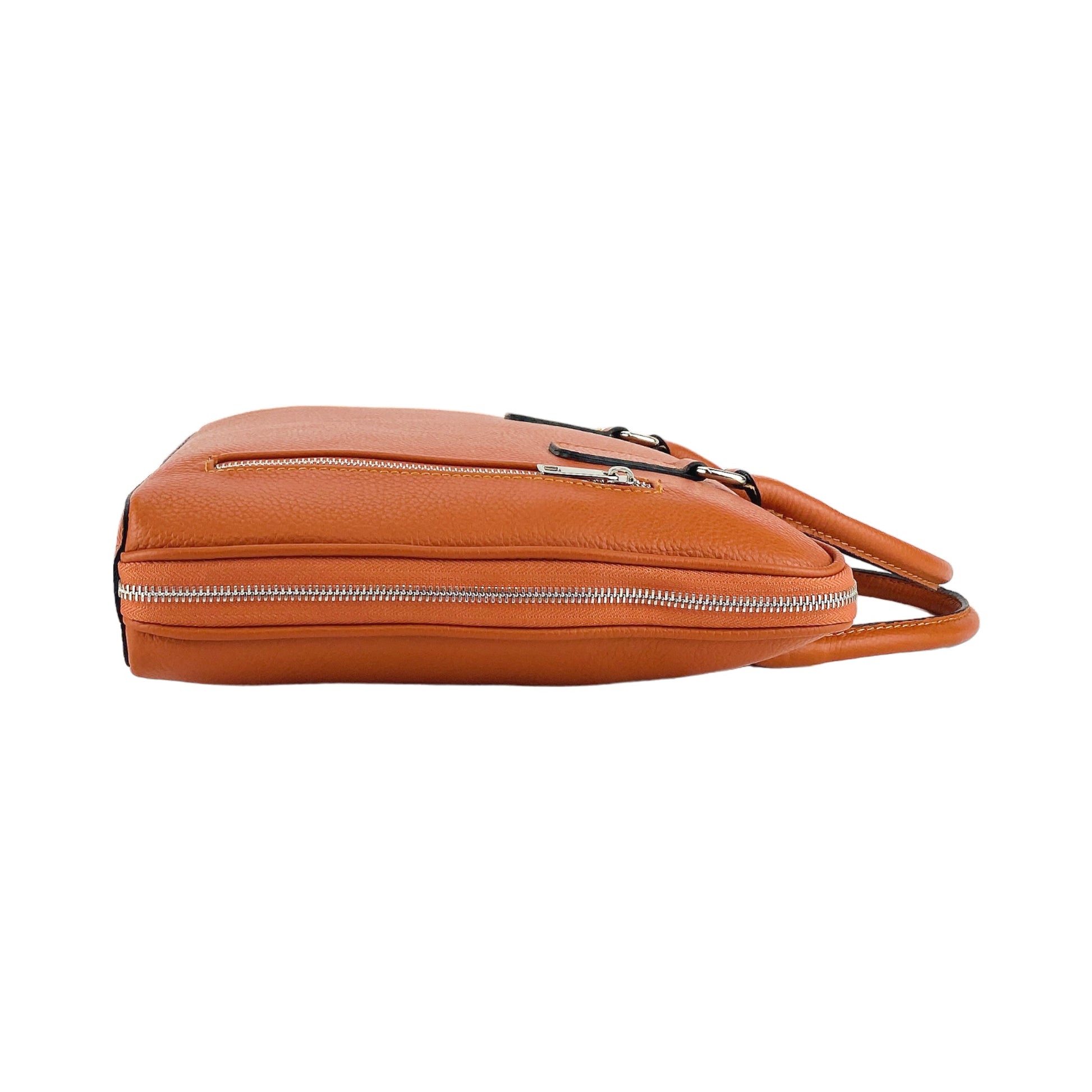 RB1019L | Unisex Business Briefcase in Genuine Leather Made in Italy with Removable Shoulder Strap. Polished Nickel Metal Snap Hook Attachments. Orange Color. Dimensions: 37 x 29 x 6.5 cm.-2