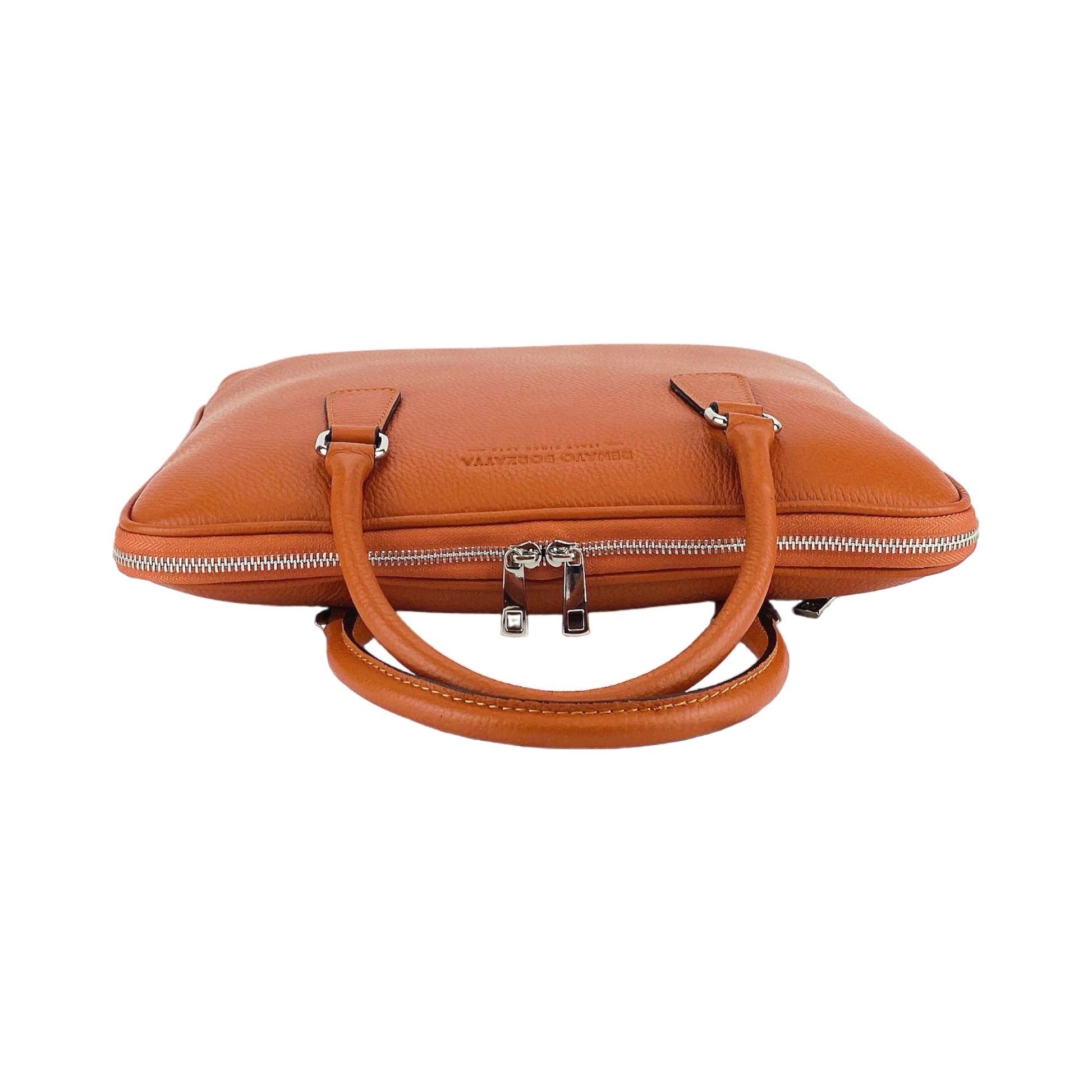 RB1019L | Unisex Business Briefcase in Genuine Leather Made in Italy with Removable Shoulder Strap. Polished Nickel Metal Snap Hook Attachments. Orange Color. Dimensions: 37 x 29 x 6.5 cm.-3