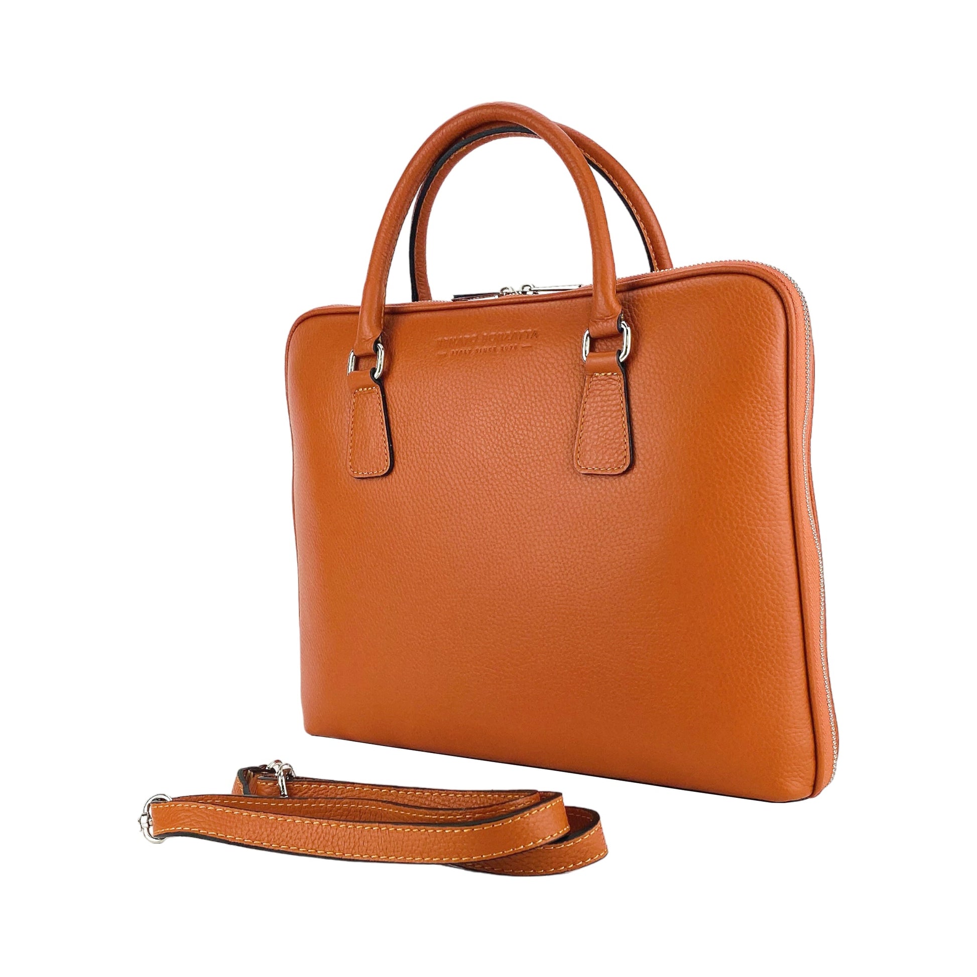 RB1019L | Unisex Business Briefcase in Genuine Leather Made in Italy with Removable Shoulder Strap. Polished Nickel Metal Snap Hook Attachments. Orange Color. Dimensions: 37 x 29 x 6.5 cm.-4