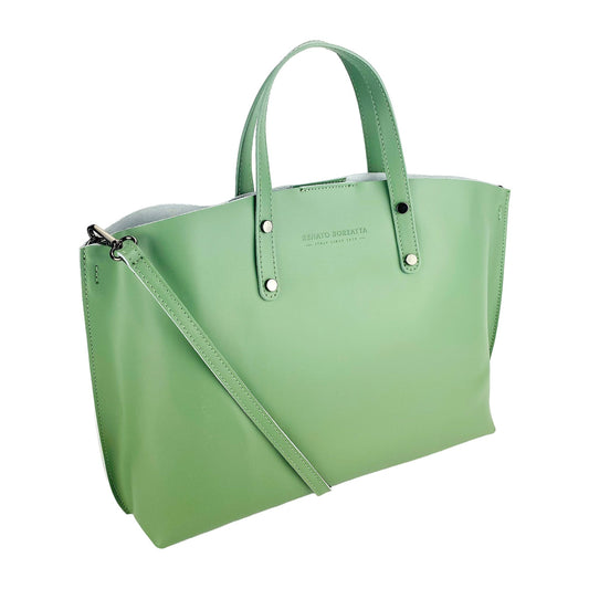 RB1024BF | Women's Genuine Leather Handbag Made in Italy with removable shoulder strap. Large removable internal pouch. Polished Gunmetal Accessories - Mint Color - Dimensions: 48x31x11 cm-0