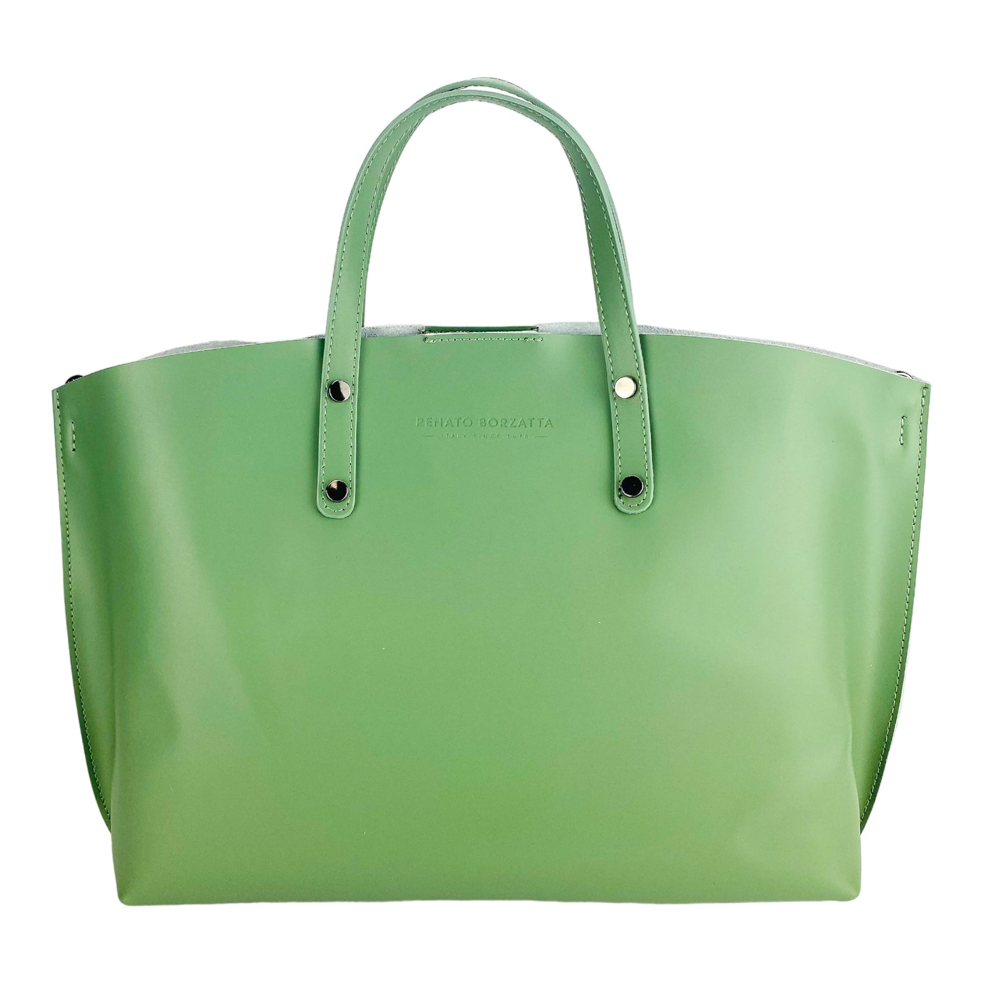 RB1024BF | Women's Genuine Leather Handbag Made in Italy with removable shoulder strap. Large removable internal pouch. Polished Gunmetal Accessories - Mint Color - Dimensions: 48x31x11 cm-1