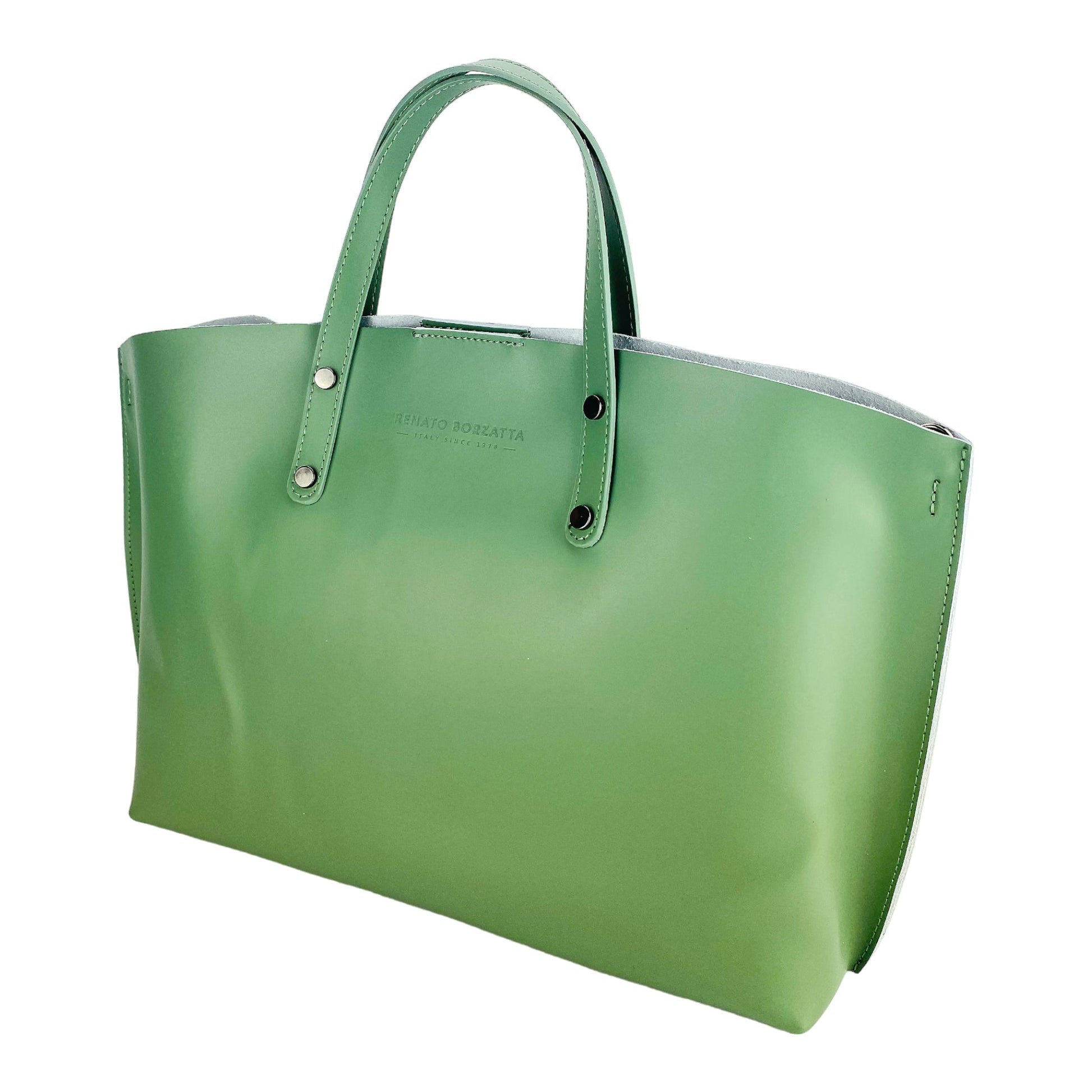 RB1024BF | Women's Genuine Leather Handbag Made in Italy with removable shoulder strap. Large removable internal pouch. Polished Gunmetal Accessories - Mint Color - Dimensions: 48x31x11 cm-2