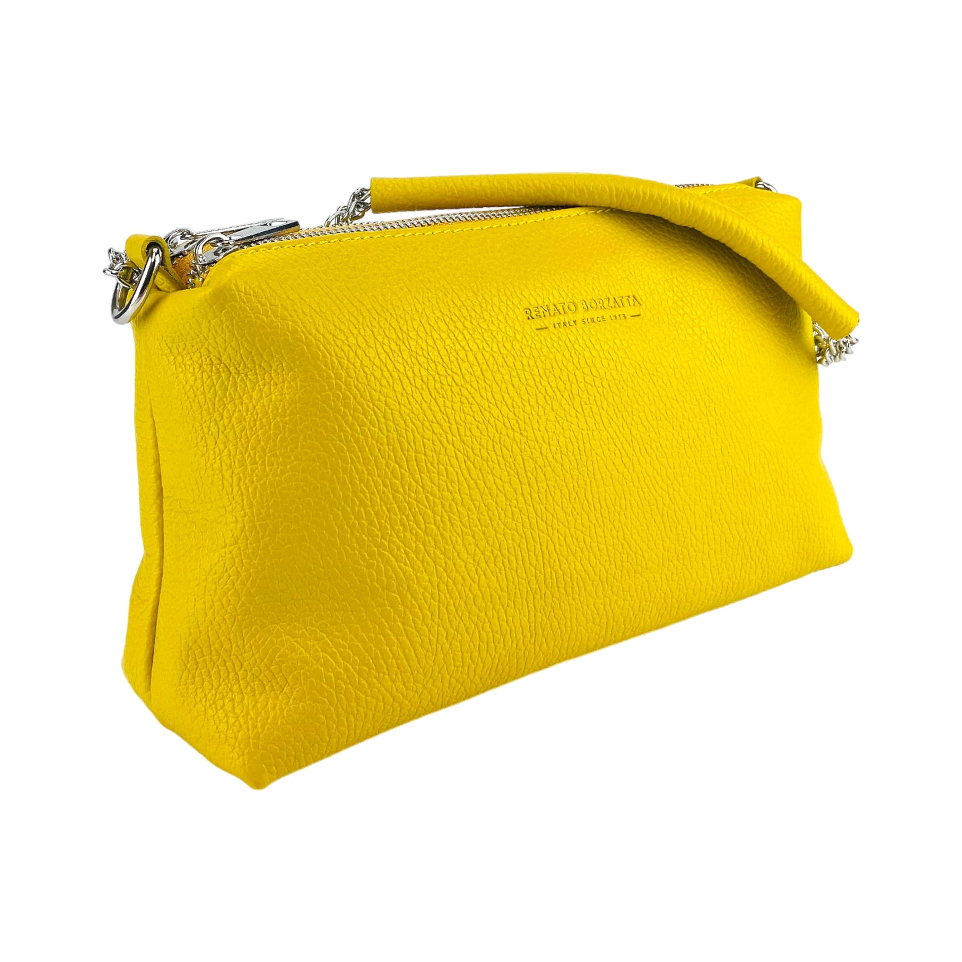 RB1025R | Women's Handbag with Double Zipper in Genuine Leather Made in Italy. Adjustable leather shoulder strap. Polished Nickel Accessories - Yellow Color - Dimensions: 26 x 14 x 9 cm-1