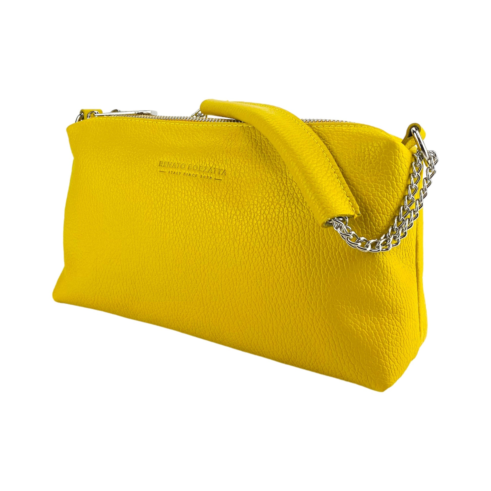 RB1025R | Women's Handbag with Double Zipper in Genuine Leather Made in Italy. Adjustable leather shoulder strap. Polished Nickel Accessories - Yellow Color - Dimensions: 26 x 14 x 9 cm-2