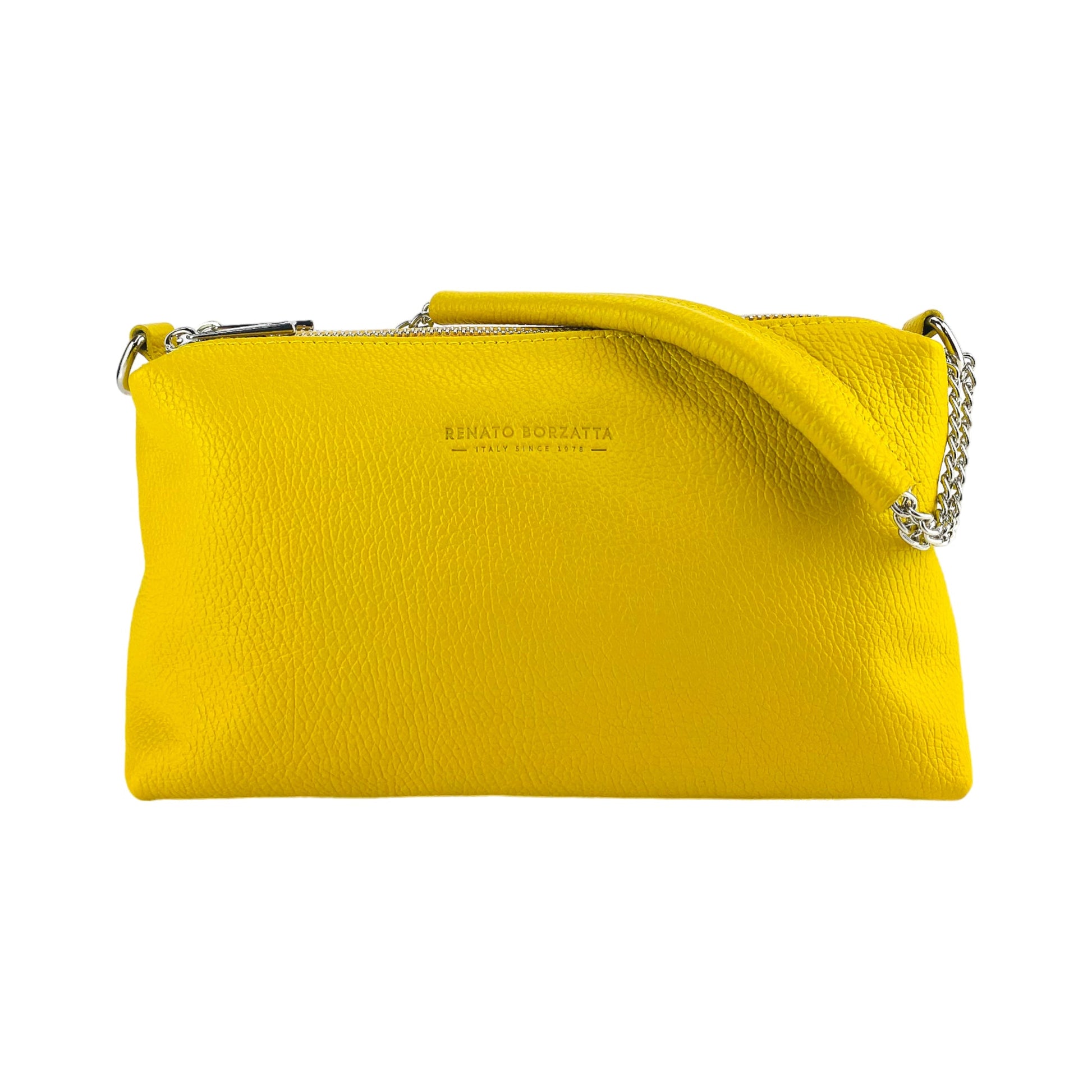 RB1025R | Women's Handbag with Double Zipper in Genuine Leather Made in Italy. Adjustable leather shoulder strap. Polished Nickel Accessories - Yellow Color - Dimensions: 26 x 14 x 9 cm-3