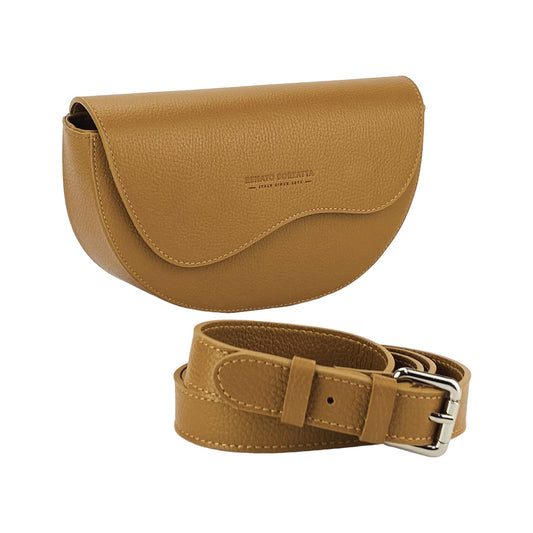 RB1027S | Women's Rounded Crossbody Bag in Genuine Leather, Made in Italy. Removable and adjustable leather shoulder strap. Polished Nickel Accessories - Cognac Color - Dimensions: 25 x 15 x 9 cm-0
