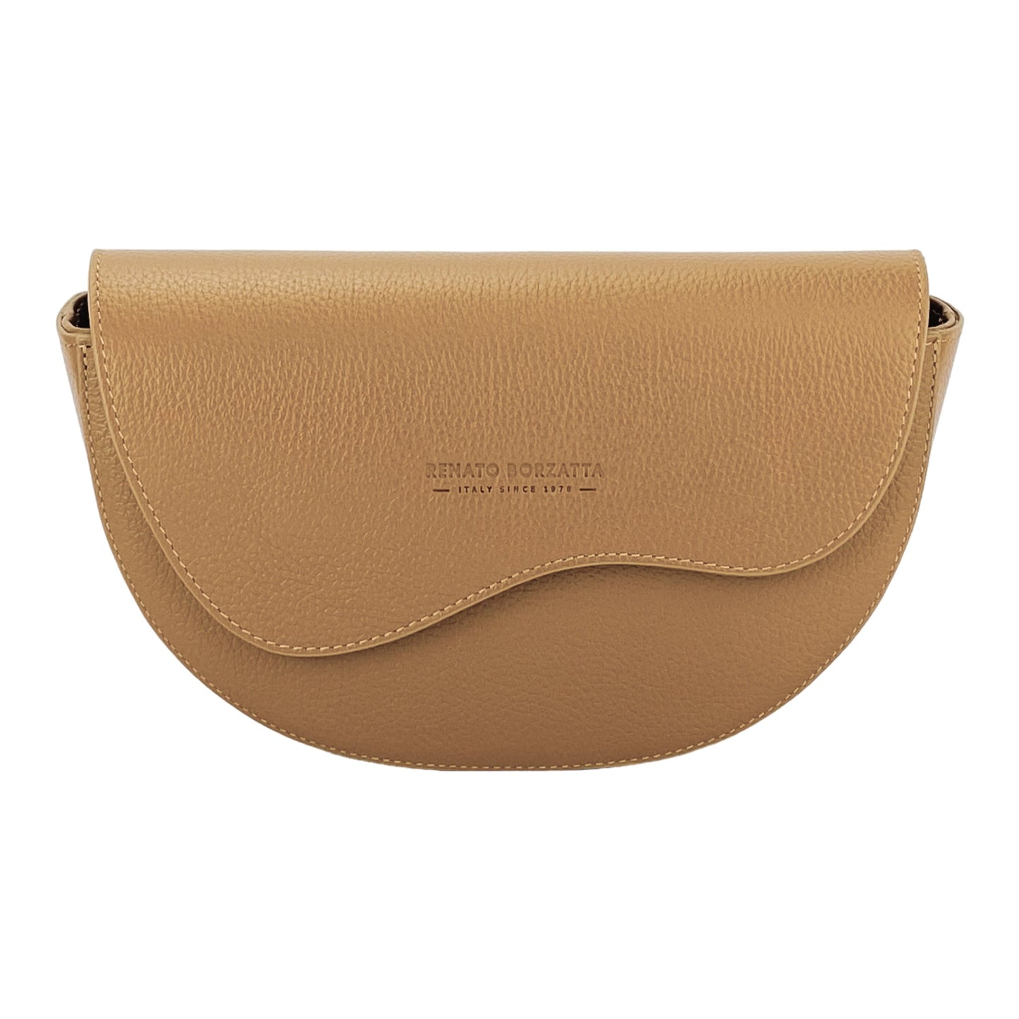RB1027S | Women's Rounded Crossbody Bag in Genuine Leather, Made in Italy. Removable and adjustable leather shoulder strap. Polished Nickel Accessories - Cognac Color - Dimensions: 25 x 15 x 9 cm-1
