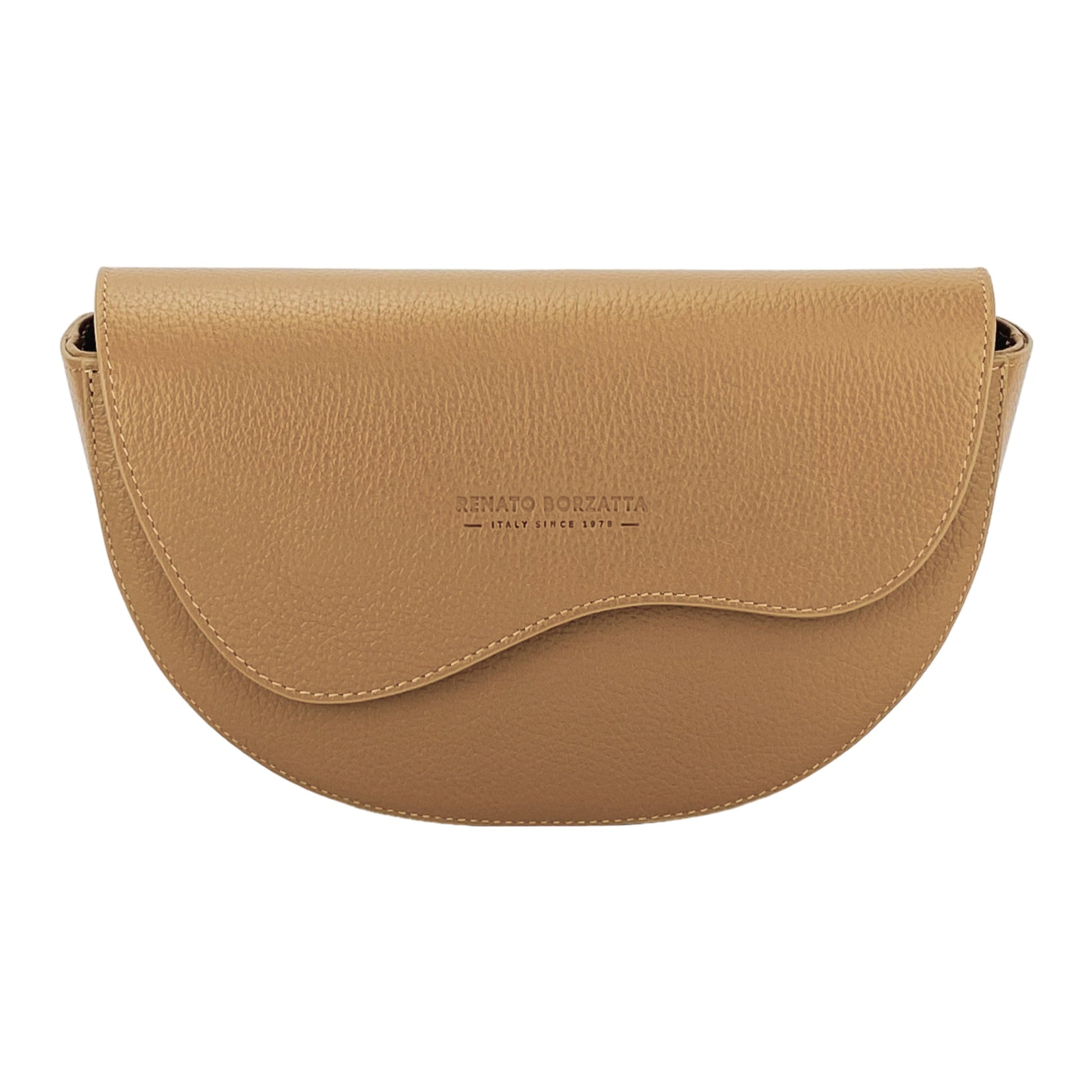RB1027S | Women's Rounded Crossbody Bag in Genuine Leather, Made in Italy. Removable and adjustable leather shoulder strap. Polished Nickel Accessories - Cognac Color - Dimensions: 25 x 15 x 9 cm-1