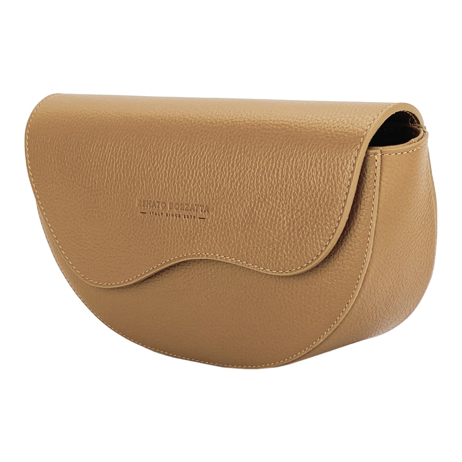 RB1027S | Women's Rounded Crossbody Bag in Genuine Leather, Made in Italy. Removable and adjustable leather shoulder strap. Polished Nickel Accessories - Cognac Color - Dimensions: 25 x 15 x 9 cm-2