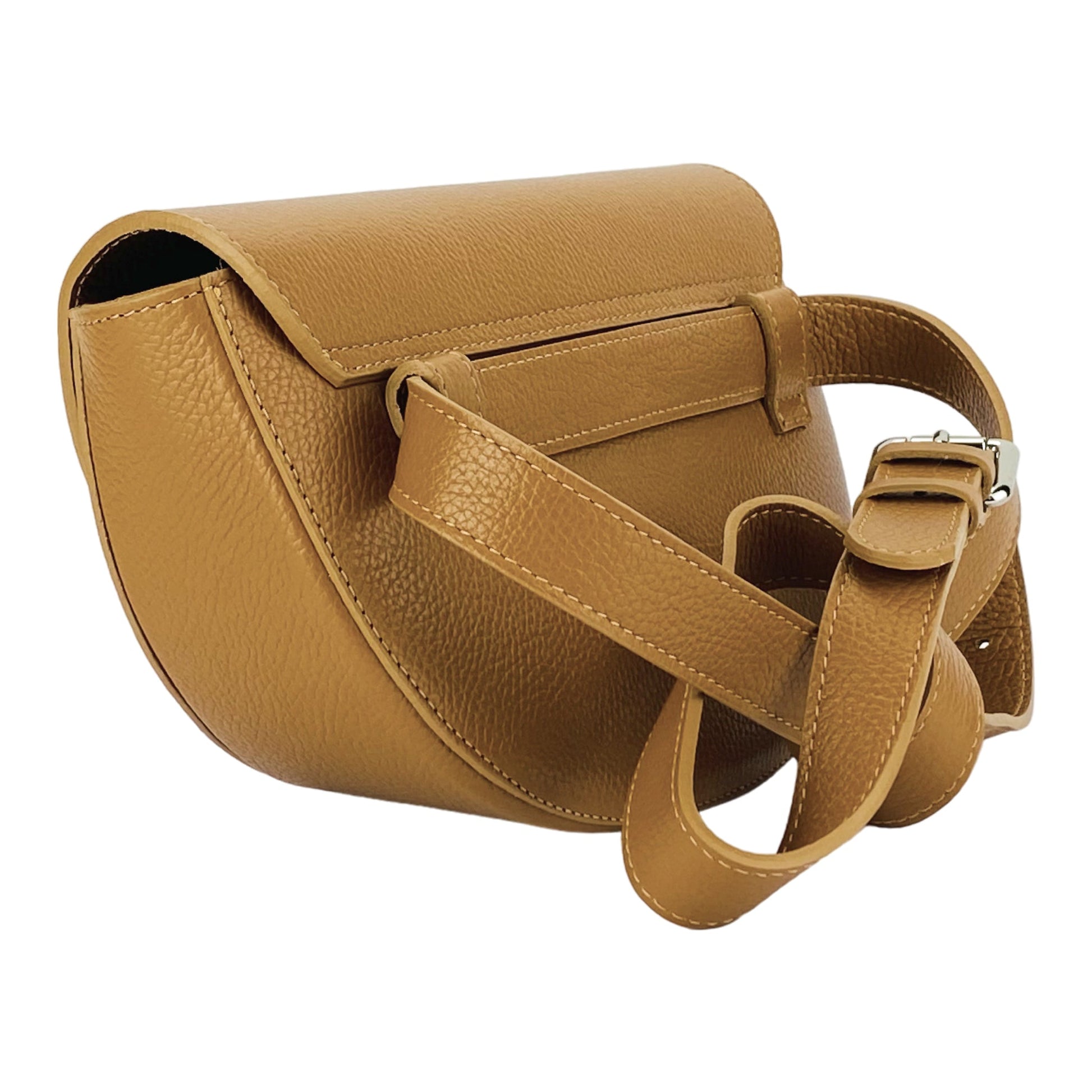 RB1027S | Women's Rounded Crossbody Bag in Genuine Leather, Made in Italy. Removable and adjustable leather shoulder strap. Polished Nickel Accessories - Cognac Color - Dimensions: 25 x 15 x 9 cm-3