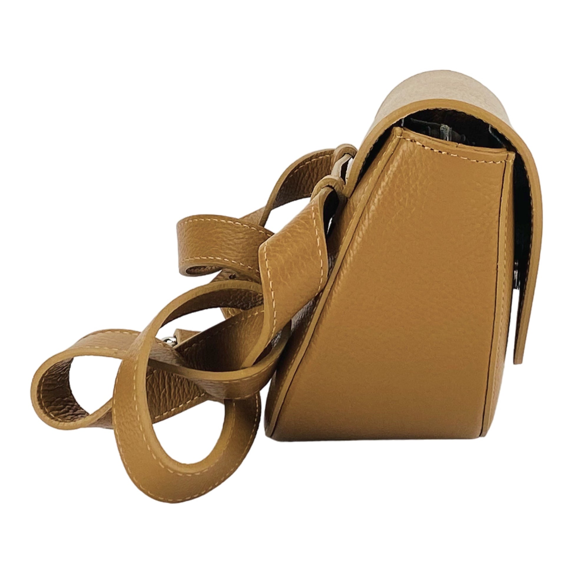 RB1027S | Women's Rounded Crossbody Bag in Genuine Leather, Made in Italy. Removable and adjustable leather shoulder strap. Polished Nickel Accessories - Cognac Color - Dimensions: 25 x 15 x 9 cm-4