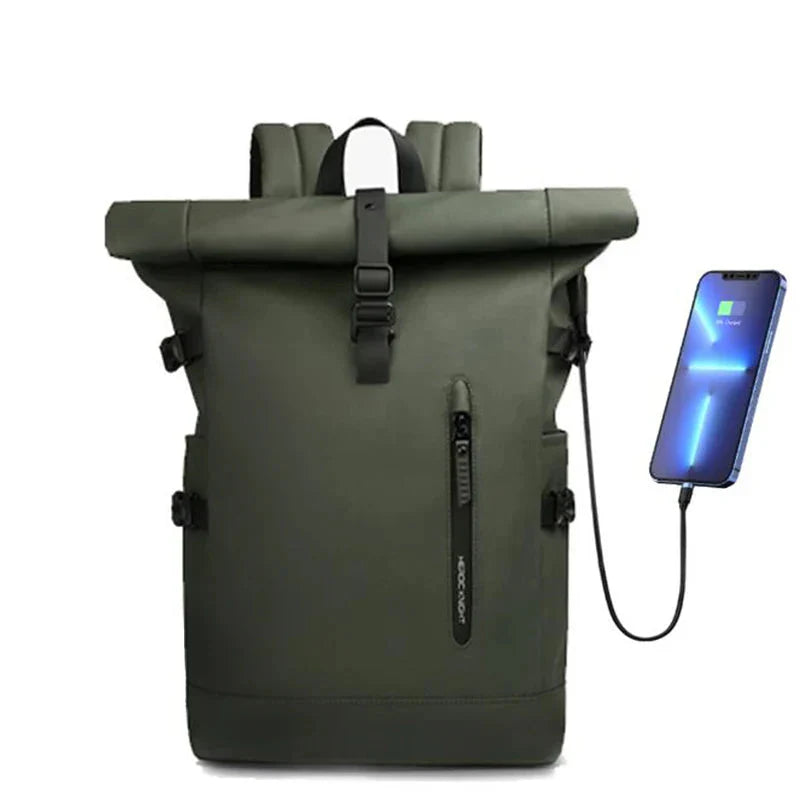 Expandable Waterproof Backpack Roll-Up Design with USB Charging Port Green-1