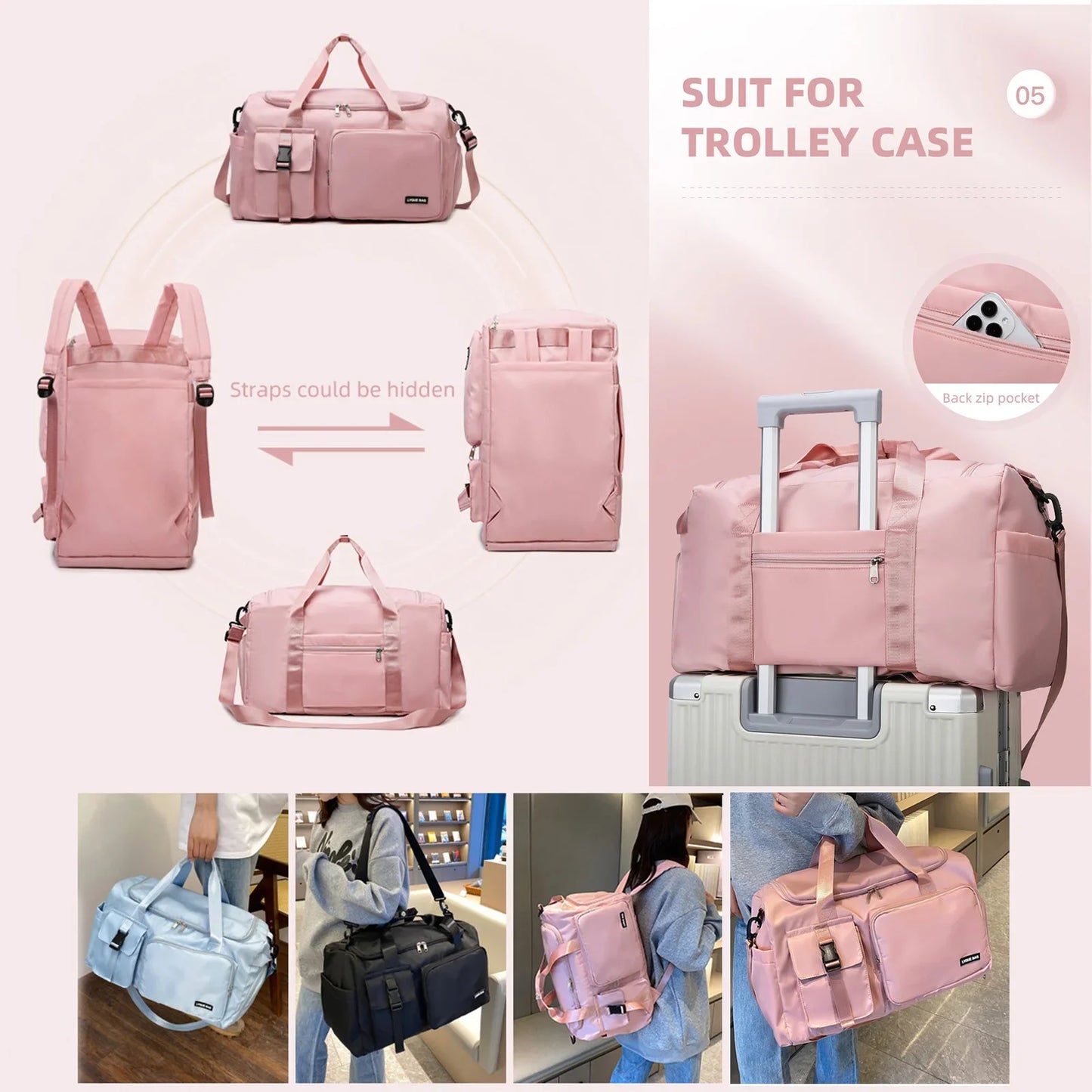 NNEOBA Travel Handbag Dry And Wet Separation Convertible Design Pink-4