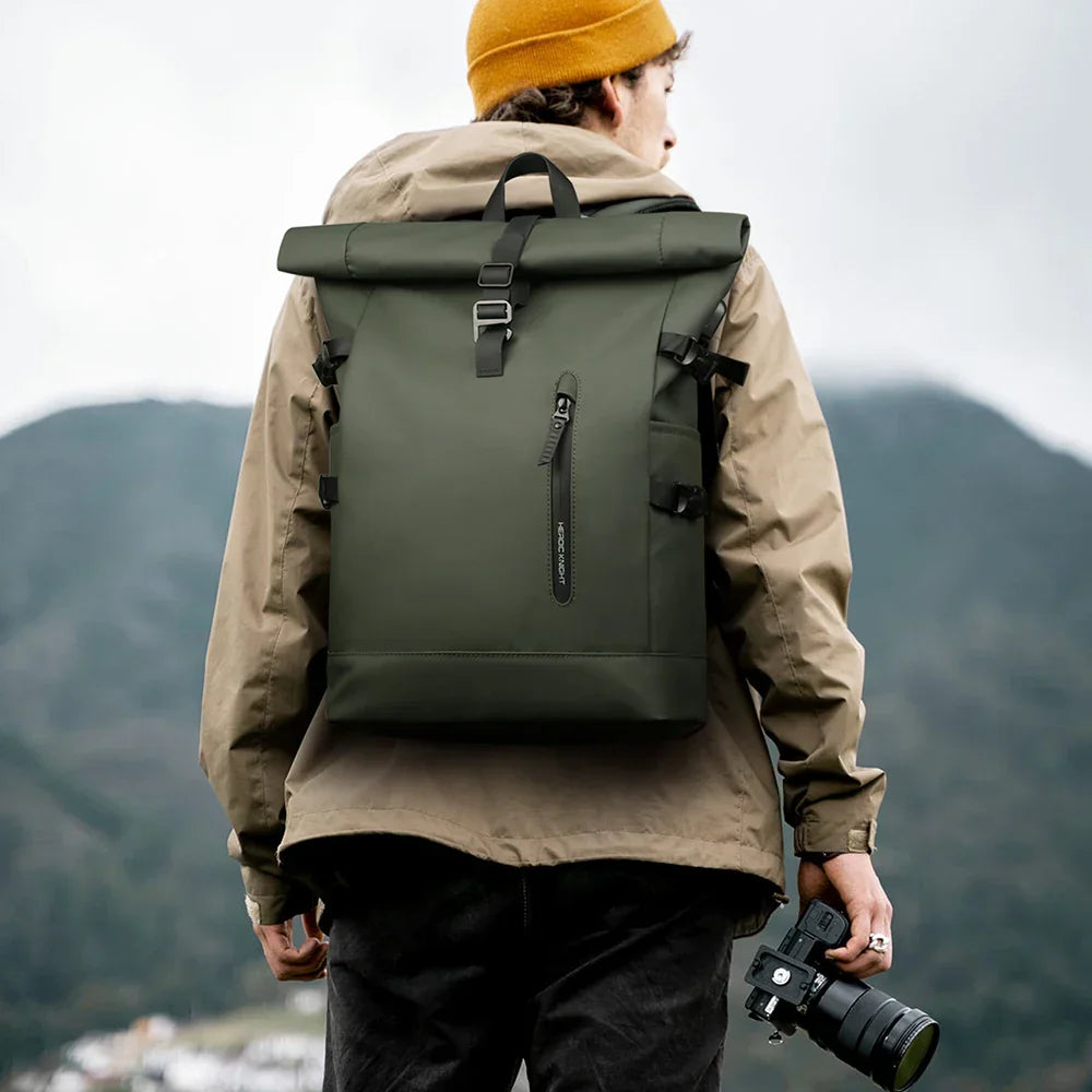 Expandable Waterproof Backpack Roll-Up Design with USB Charging Port Green-3