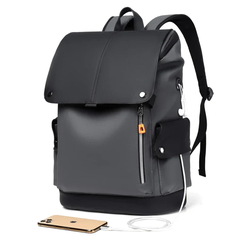 Waterproof PU Leather Laptop Backpack Computer Bag Grey-1