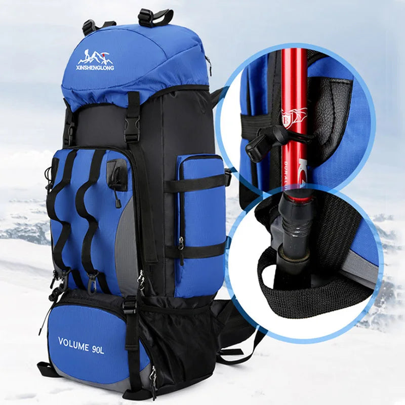 90L Waterproof Camping Backpack with Cover Blue-1