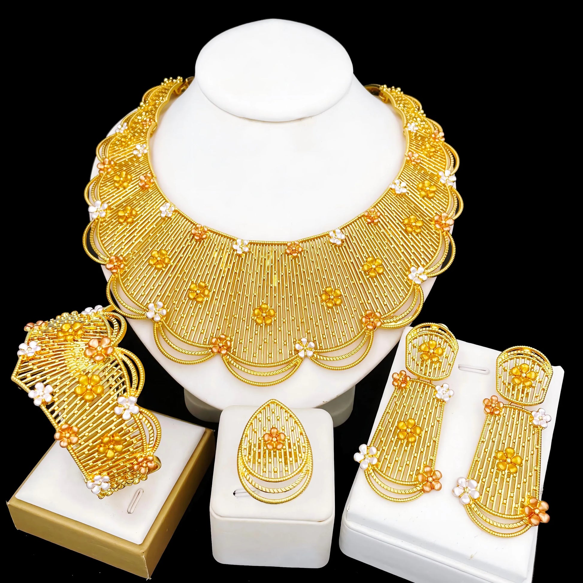 NNEOBA Jewelry Set Women Tricolor Necklace Earrings Bracelet Ring-1