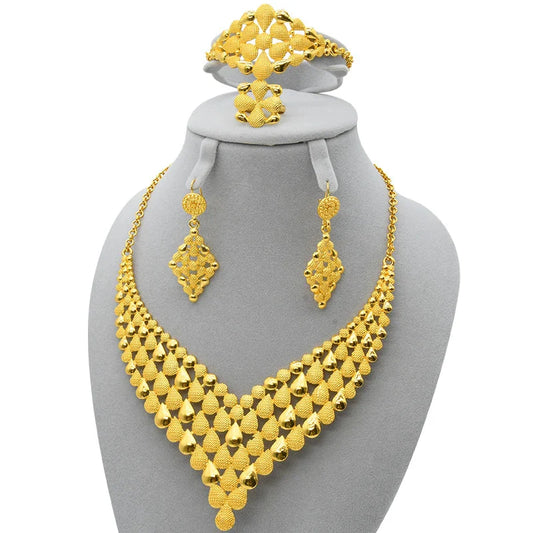 NNEOBA Women Wedding Necklace Earrings 24k Gold Jewelry Set-0