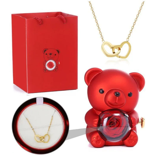 Teddy Bear Gift Box with Rose Jewelry Storage (Red)-0