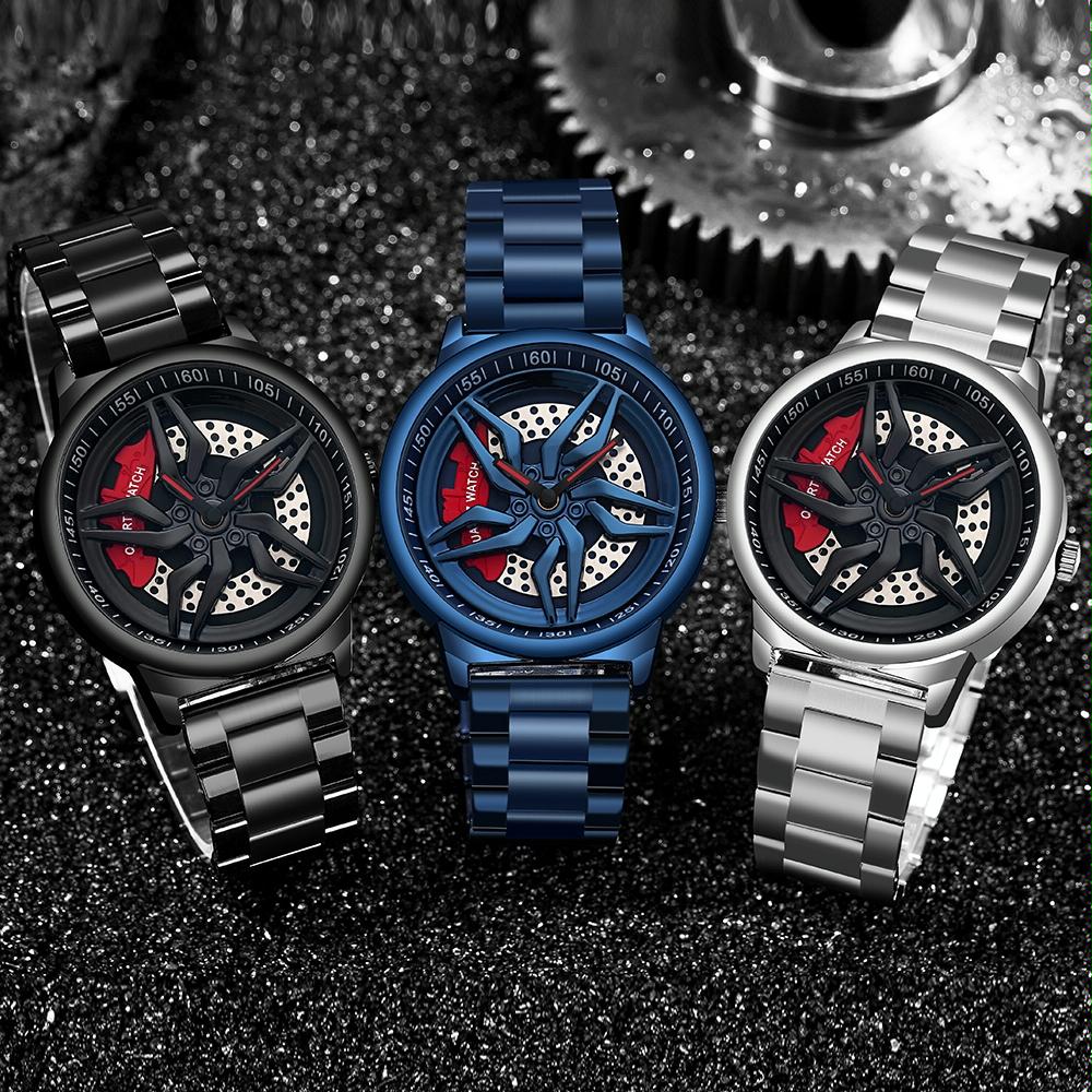 NNEDSZ Men 360 Degree Hollow Spinning Dial Quartz Watch With Steel Strap-3