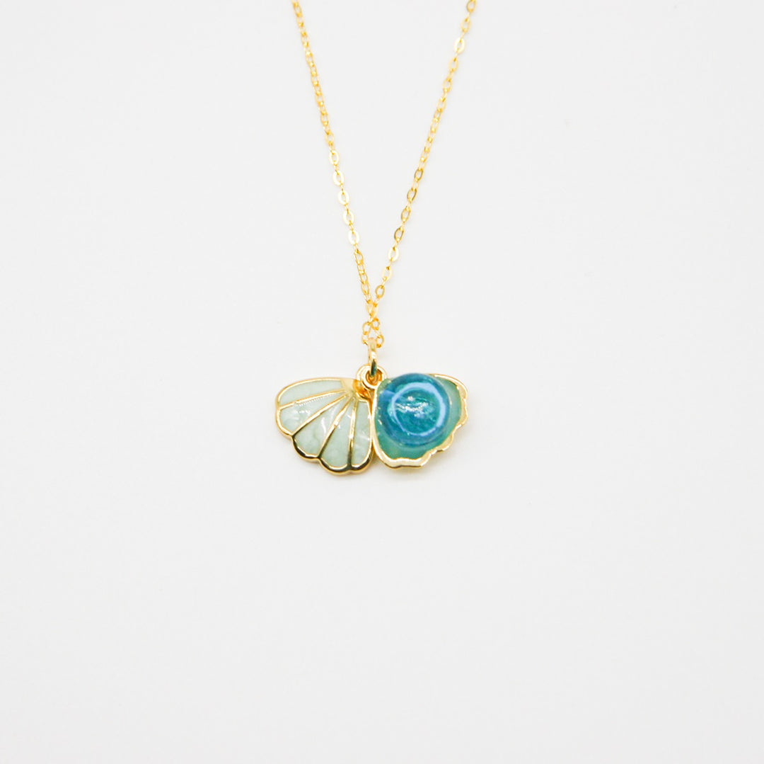 NNEDSZ Gift Box - Aroma Necklace 925 Silver, Gold coated - Green Shell Ocean Breeze (Light blue) + Purify Oil Blend-0