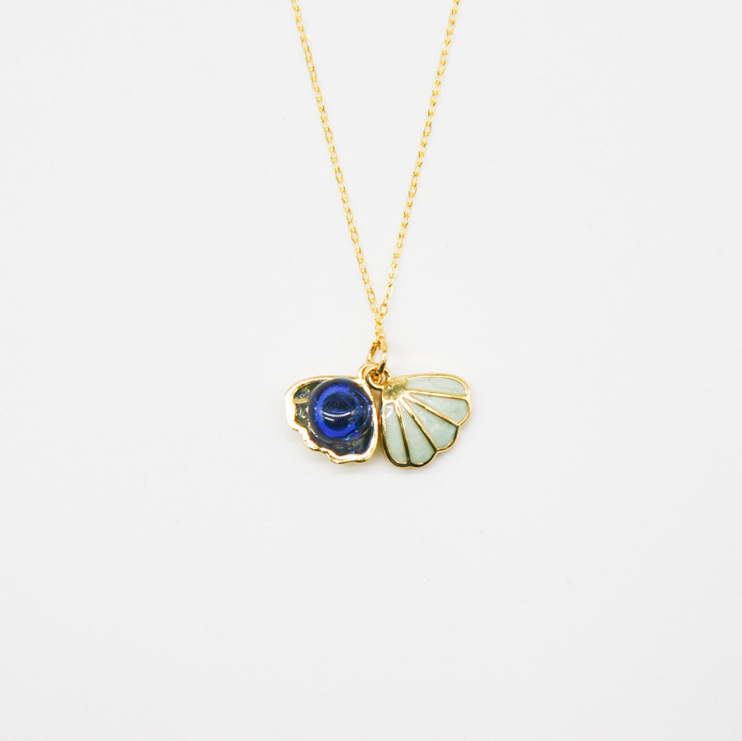 NNEDSZ Gift Box - Aroma Necklace 925 Silver, Gold coated - Green Shell Ocean Depth (Dark Blue) + Purify Oil Blend-0