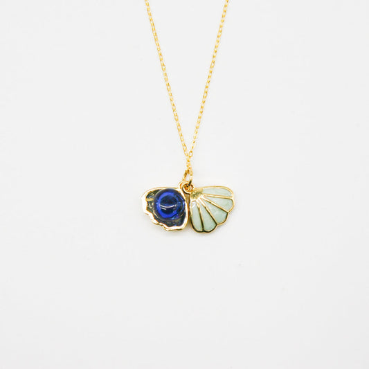 NNEDSZ Gift Box - Aroma Necklace 925 Silver, Gold coated - Green Shell Ocean Depth (Dark Blue) + Purify Oil Blend-0