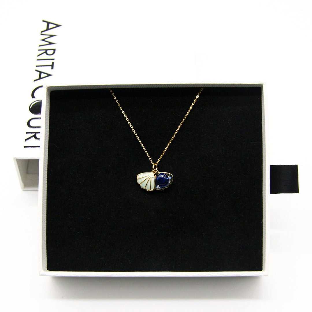 NNEDSZ Gift Box - Aroma Necklace 925 Silver, Gold coated - Green Shell Ocean Depth (Dark Blue) + Purify Oil Blend-2