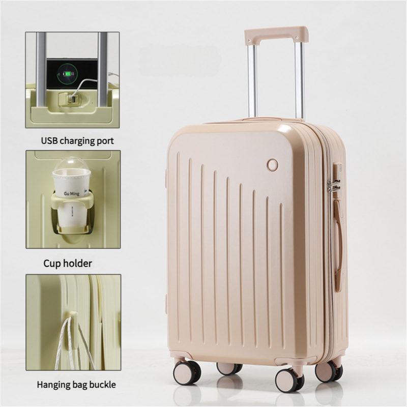 NNEDSZ Smart Carry-On Luggage with Cup Holder & USB Charging Port - Pink Color Spinner Suitcase for Travel Convenience  24 inch-0