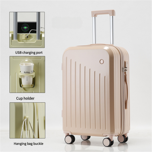 NNEDSZ Smart Carry-On Luggage with Cup Holder & USB Charging Port - Pink Color Spinner Suitcase for Travel Convenience  24 inch-0