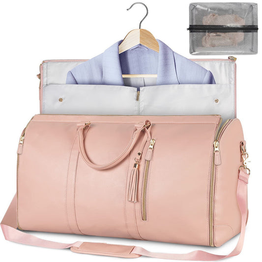 NNEDSZ Pink Convertible Garment Duffel Bag with Leather Accents - Travel Weekender Bag for Suits and Dresses-0