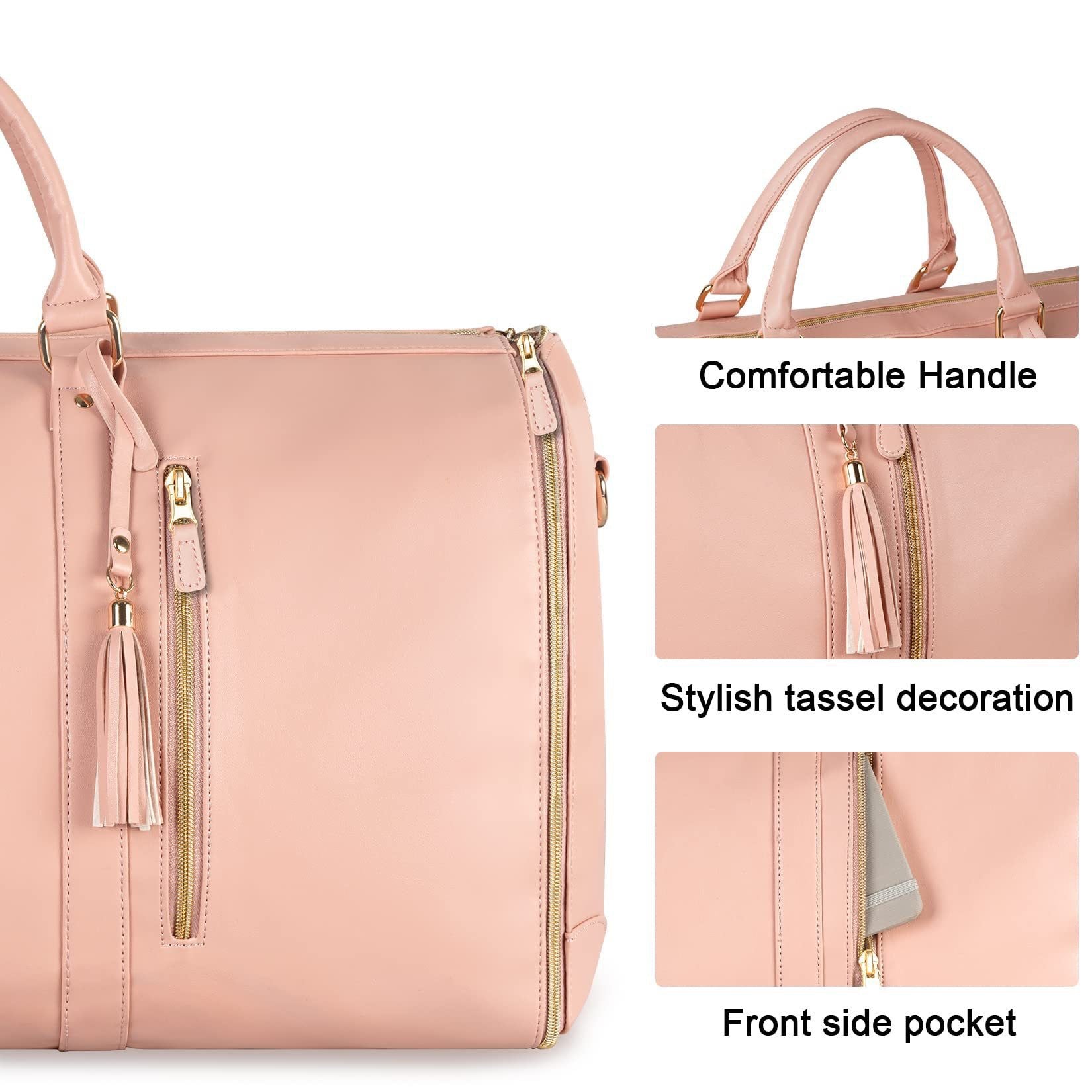 NNEDSZ Pink Convertible Garment Duffel Bag with Leather Accents - Travel Weekender Bag for Suits and Dresses-3