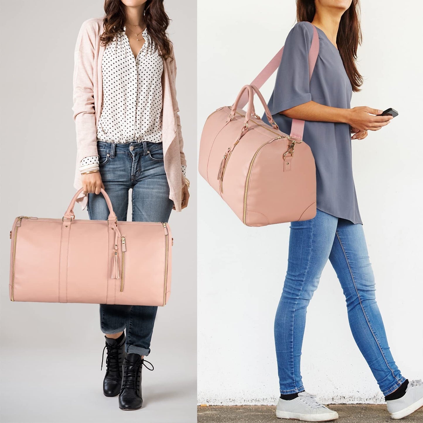 NNEDSZ Pink Convertible Garment Duffel Bag with Leather Accents - Travel Weekender Bag for Suits and Dresses-4