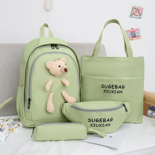 NNEDSZ Green Cute Little Bear Girls' Backpack Set - Korean Style Large Capacity School Bag for High School & Middle School Students, 4-Piece Set-0
