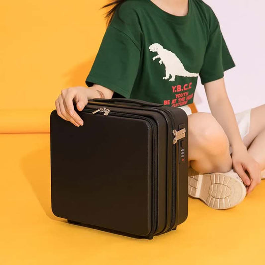 NNEDSZ Black Mini 16-Inch Password-Protected ABS Storage and Carry-On Luggage Box | Front-Opening Cosmetic Organizer | Lightweight 1.46kg Travel Case-0