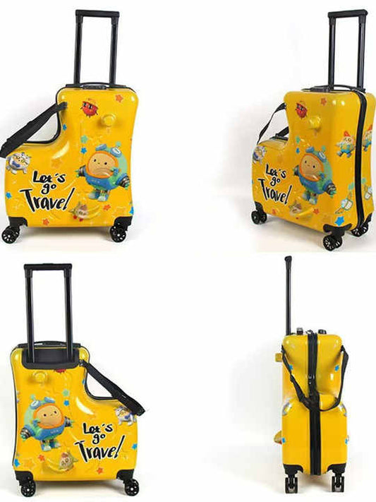 NNEDSZ Yellow Kids Ride-On Luggage - 20-Inch Cartoon Travel Suitcase with Footrest, Durable Rolling Carry-On for Children-0