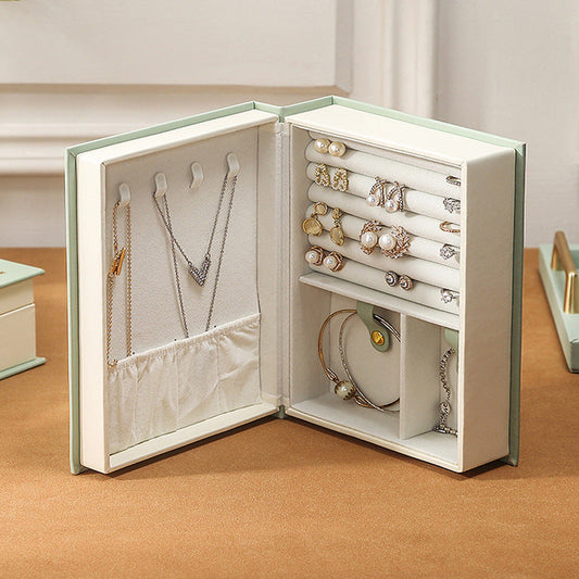 NNEDSZ Light Green Creative PU Jewelry Storage Book - Magnetic Closure Organizer for Earrings, Rings, and Necklaces(The Jewelry is a prop for the photo shoot and is not included)-0