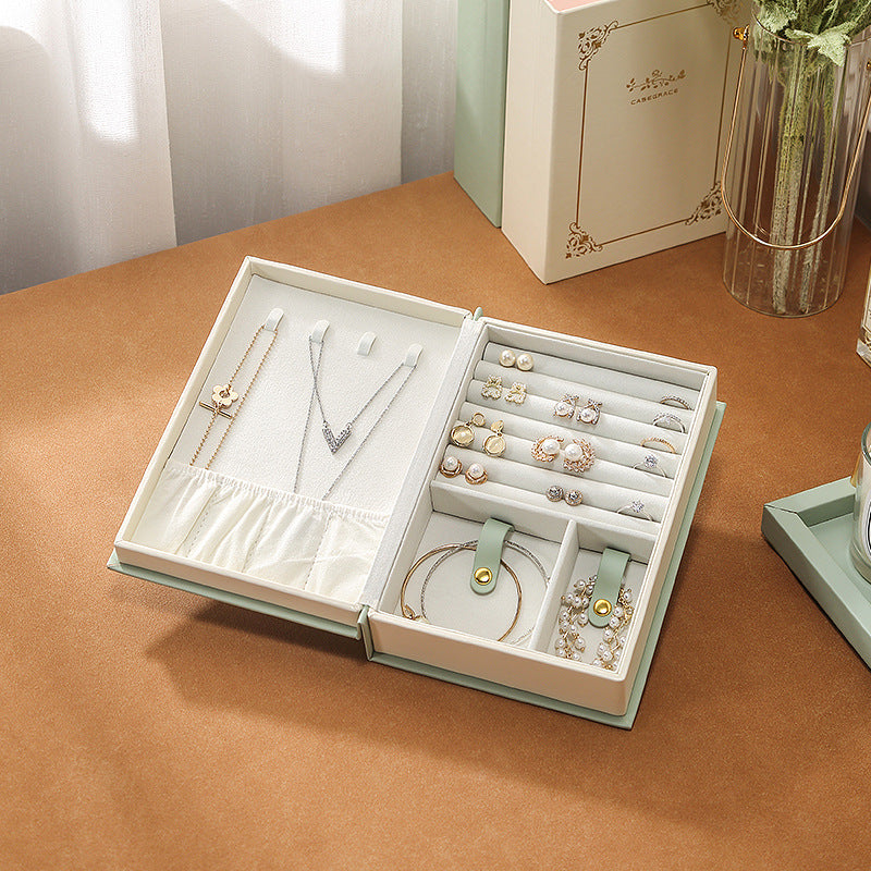 NNEDSZ Light Green Creative PU Jewelry Storage Book - Magnetic Closure Organizer for Earrings, Rings, and Necklaces(The Jewelry is a prop for the photo shoot and is not included)-3