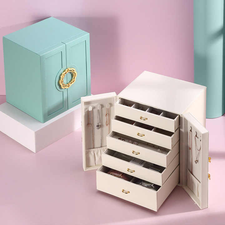 NNEDSZ White Elegant 5-Layer Large Capacity Jewelry Storage Box with Dual Opening Doors - Perfect for Organizing Necklaces, Rings, Earrings, and More(Jewelry is a photo prop and is not included)-1