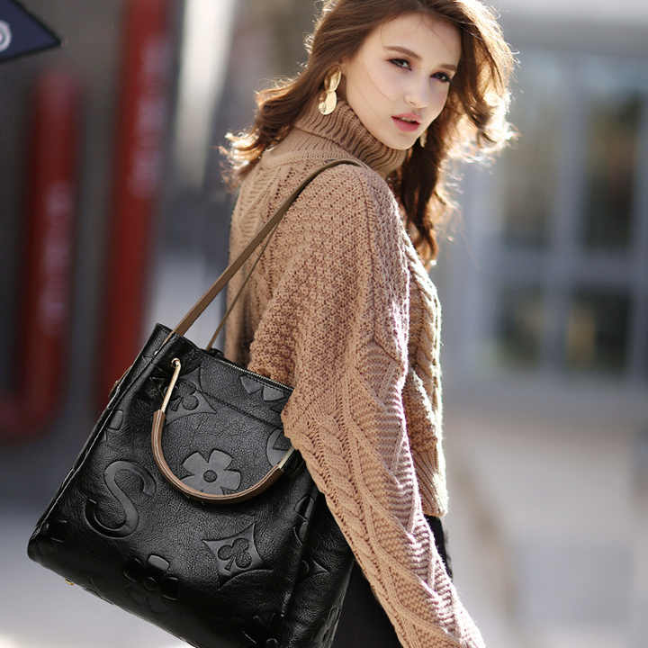 NNEDSZ Dark Green Elegant Embossed PU Leather Tote Bag for Women - Large Capacity Handbag with Inner Pouch-3