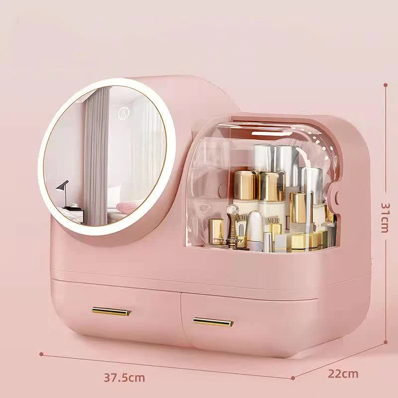 NNEDSZ Pink LED Vanity Makeup Organizer with Partition Storage and Touch-Control Mirror - Large Capacity Cosmetic Box-0
