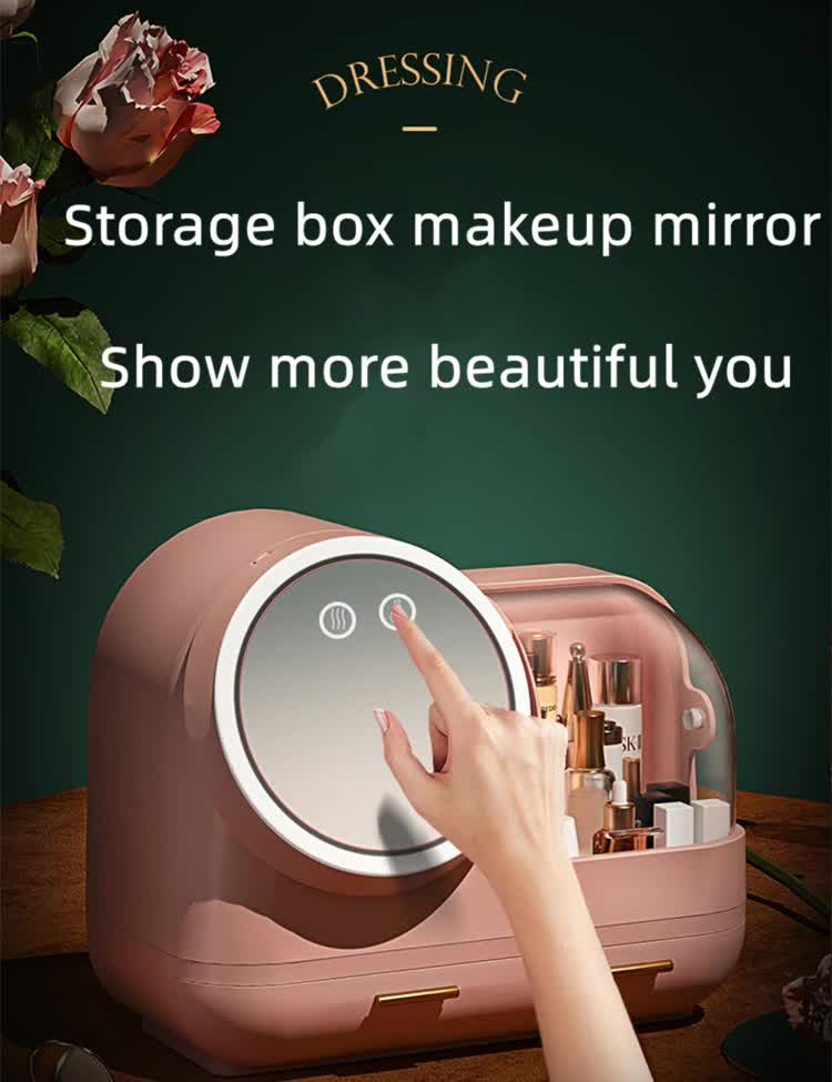 NNEDSZ Pink LED Vanity Makeup Organizer with Partition Storage and Touch-Control Mirror - Large Capacity Cosmetic Box-1