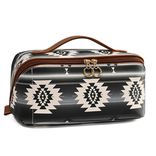 NNEDSZ Black Horizontal Pattern Boho Travel Cosmetic Bag - Large Waterproof Makeup Organizer with Handle-0